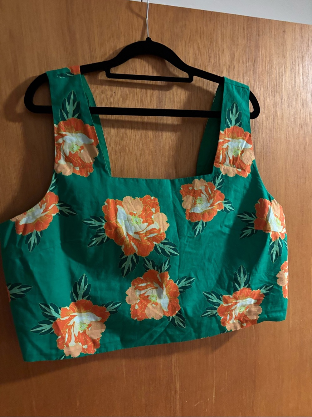 Green Floral Crop Tank Top with Orange Blooms - 100% cotton